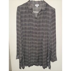 J Jill Button Up Tunic Top Women Size S Black White Houndstooth Long Sleeve